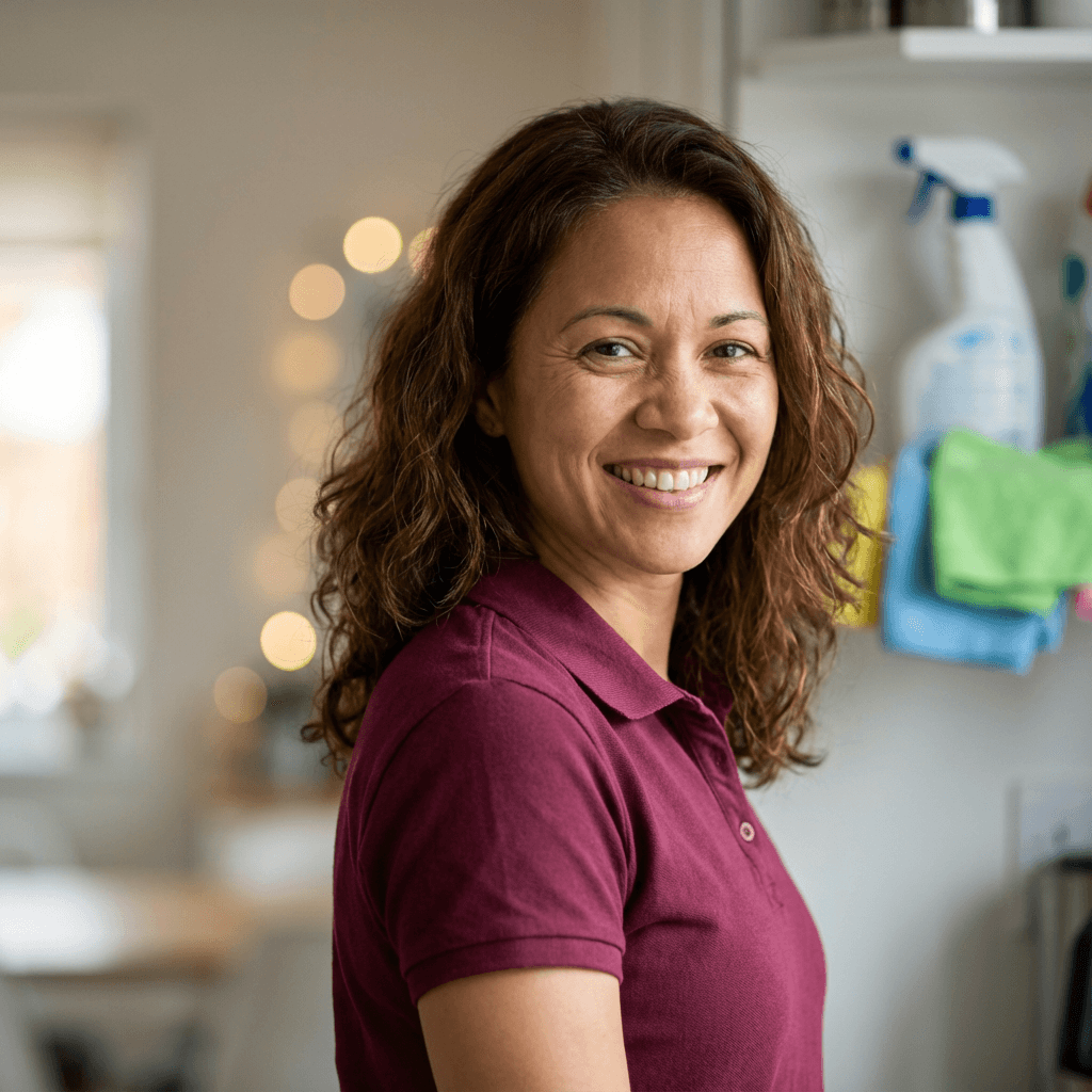 South African woman in an apron standing in a community kitchen