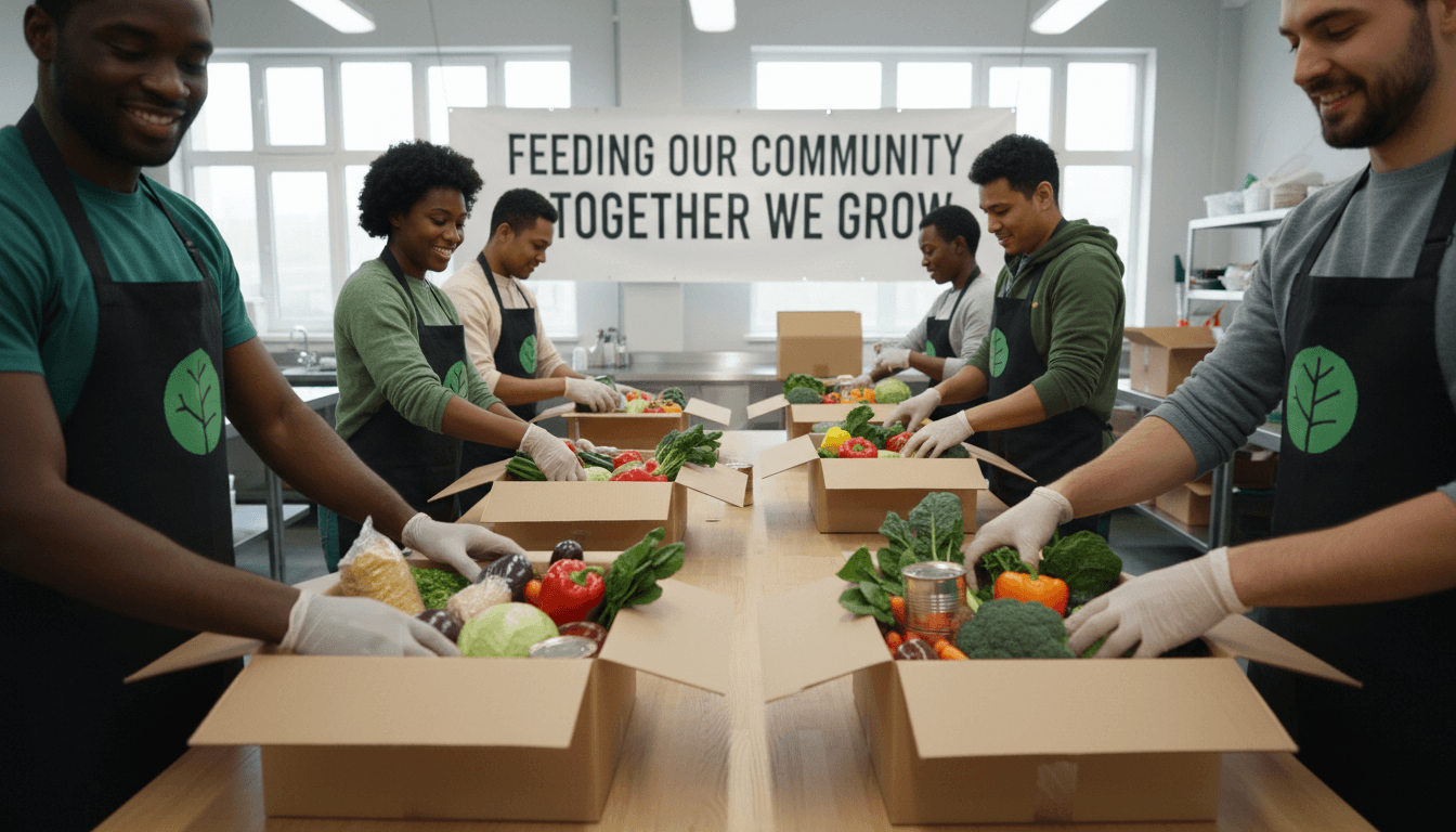 Volunteer packing food parcels in a community kitchen