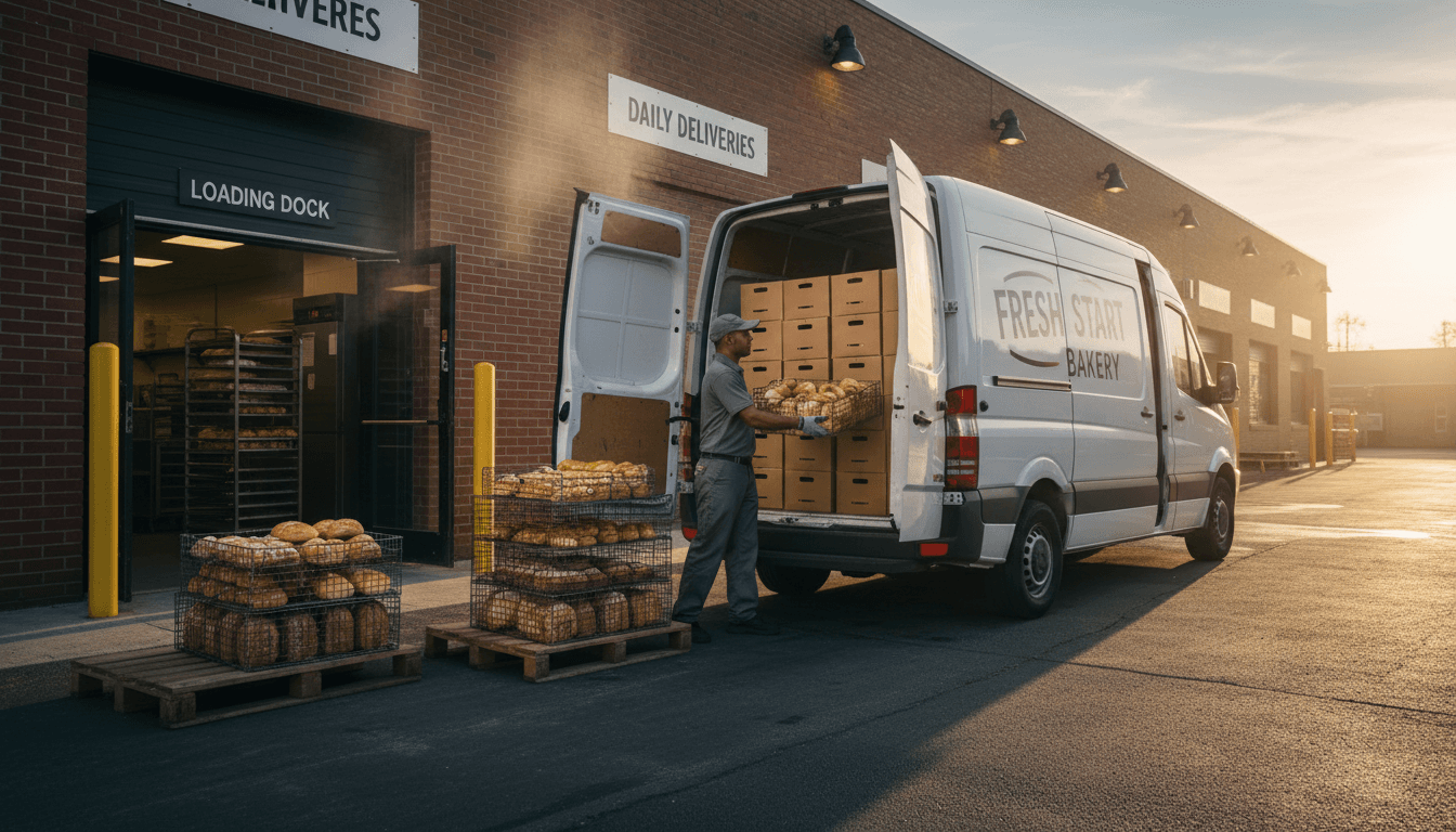 Food parcels being loaded into the back of a small delivery van outdoors