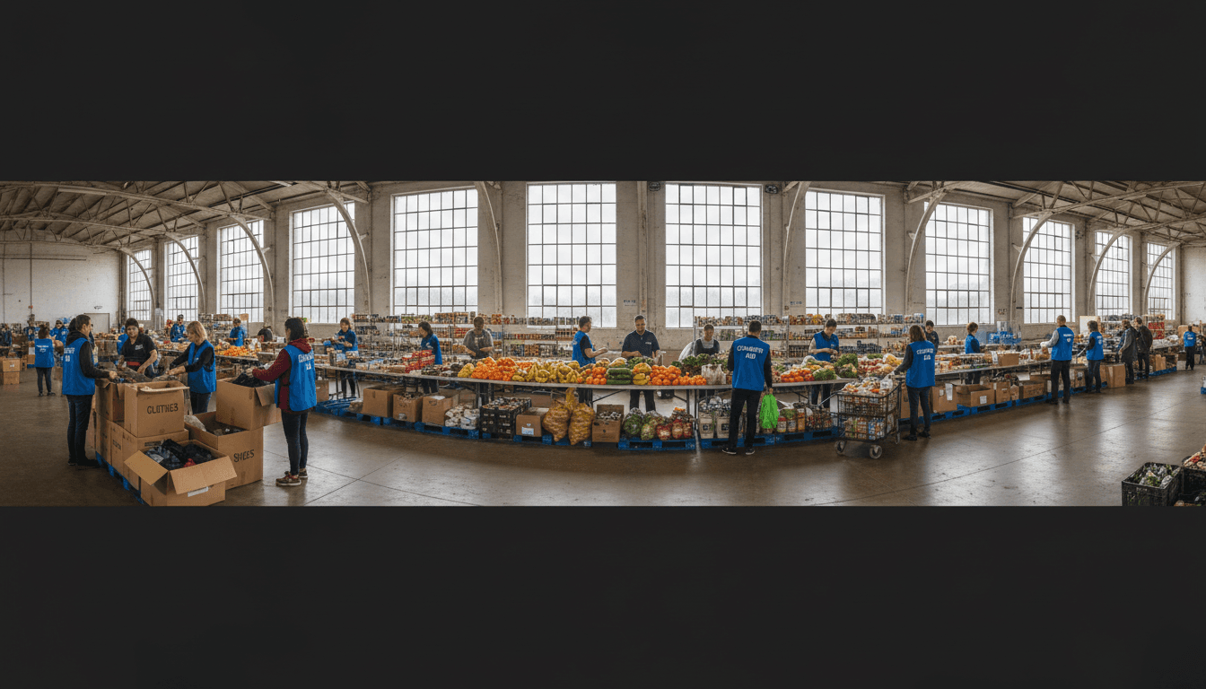 Volunteers packing food parcels into cardboard boxes at a community center in South Africa
