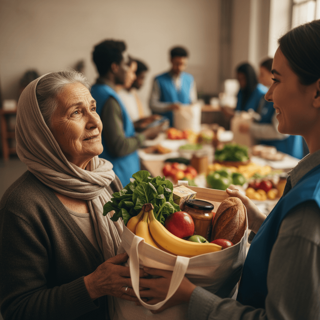 Staff handing a food parcel to a woman in need