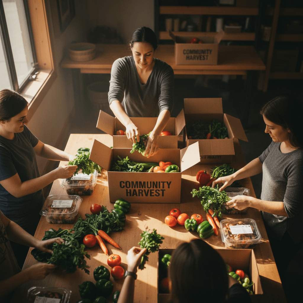 People packing canned goods and maize meal into food parcels at a table