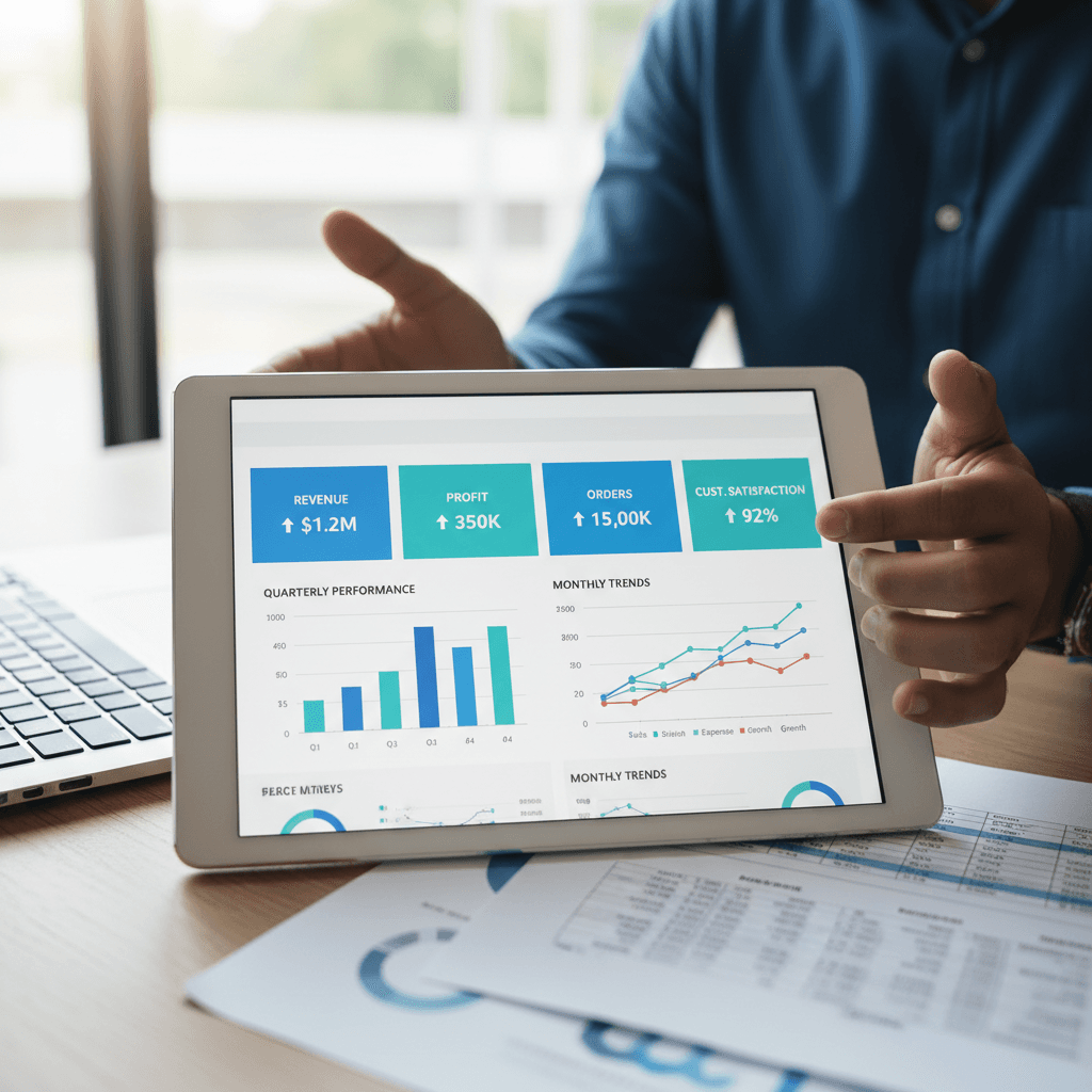 Close-up of hands holding a tablet showing a monthly impact report with charts
